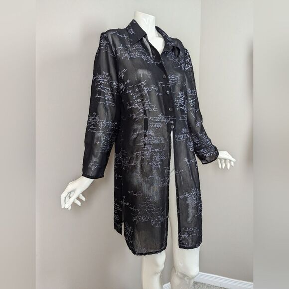 Vintage Steilmann Sheer Black Shirt Dress – Glitter Script Print – Y2K Goth Roma - Picture 4 of 11